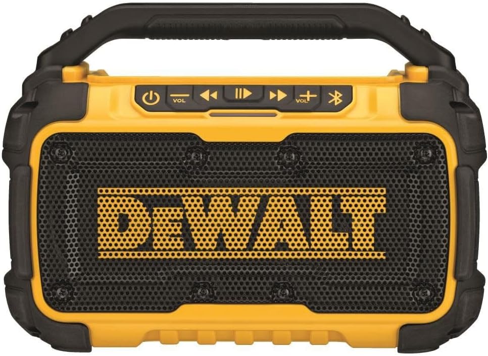 DEWALT 20V MAX Bluetooth Speaker, 100 ft Range, Durable for Jobsites, Phone Holder Included, Lasts 8-10 Hours with Single Charge (DCR010), Black Yellow - Pro Grade Tools